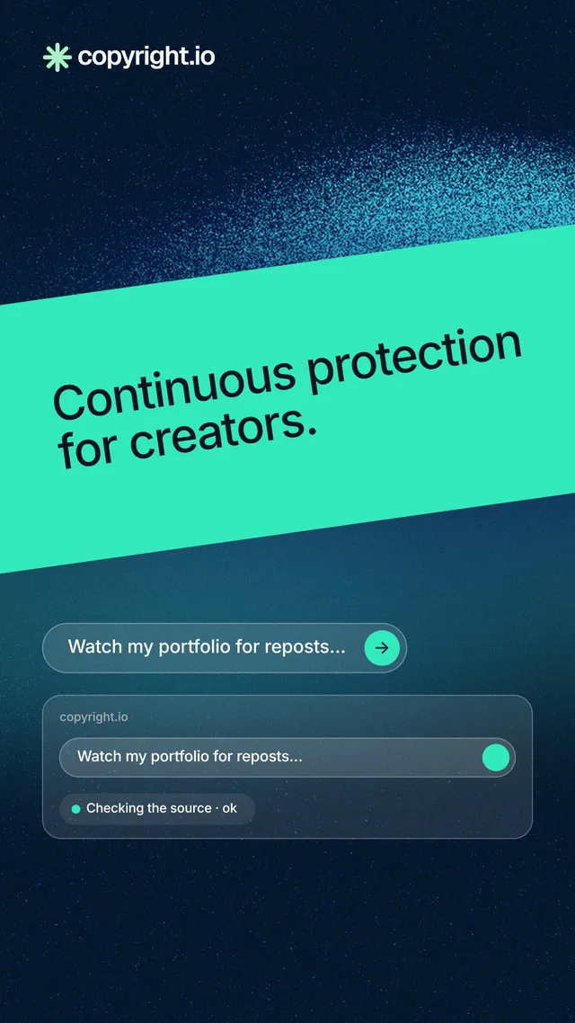 Instagram story for copyright.io: "Continuous protection for creators." Agentic glass style, diagonal layout, dark palette in black, blue, teal.