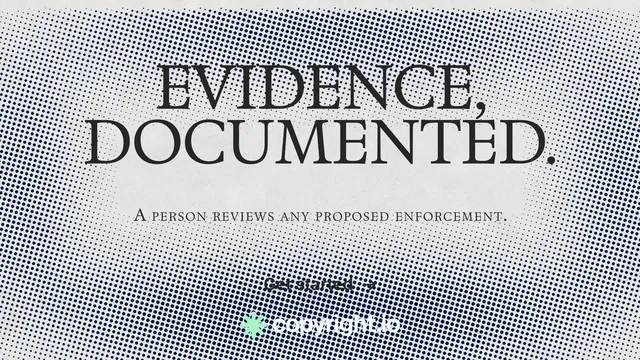 Landscape graphic for copyright.io: "Evidence, documented." Brutalist style, smallcaps layout, light palette in grey, white.