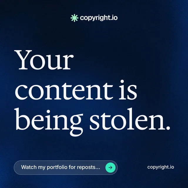 Instagram post for copyright.io: "Your content is being stolen." Agentic glass style, poster layout, dark palette in blue, black.