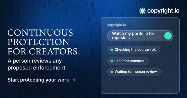 Social ad for copyright.io: "Continuous protection for creators." Minimal luxury style, bottom layout, dark palette in blue, black.