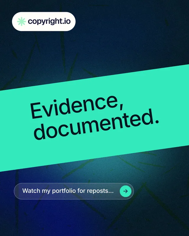 Instagram portrait post for copyright.io: "Evidence, documented." Agentic glass style, diagonal layout, dark palette in teal, black, blue.