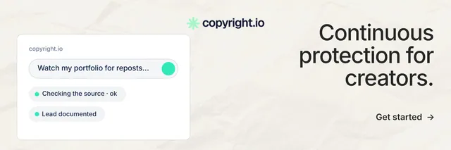 X header for copyright.io: "Continuous protection for creators." Minimal luxury style, right layout, light palette in white, grey.