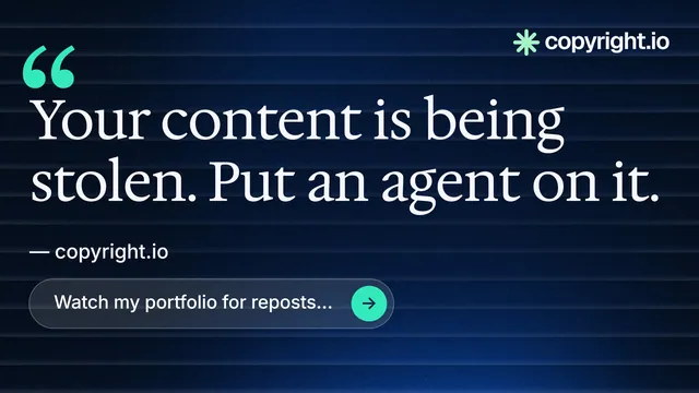 Landscape graphic for copyright.io: "Find your reposted work." Agentic glass style, quote layout, dark palette in black, blue, grey.