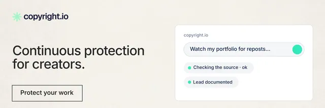 X header for copyright.io: "Continuous protection for creators." Editorial style, bottom layout, light palette in white, grey.