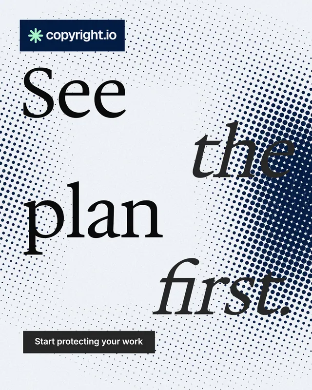 Instagram portrait post for copyright.io: "See the plan first." Split block style, stacked layout, light palette in white, grey.