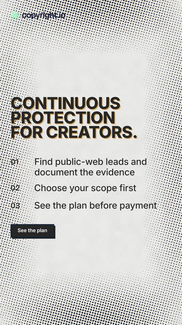 Instagram story for copyright.io: "Continuous protection for creators." Brutalist style, numbered layout, light palette in grey, white.