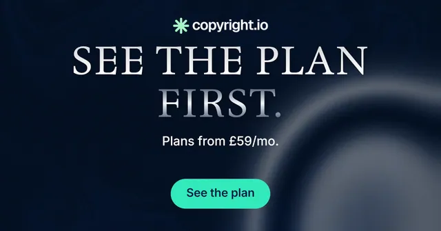 Social ad for copyright.io: "See the plan first." Y2K style, centred layout, dark palette in blue, black.