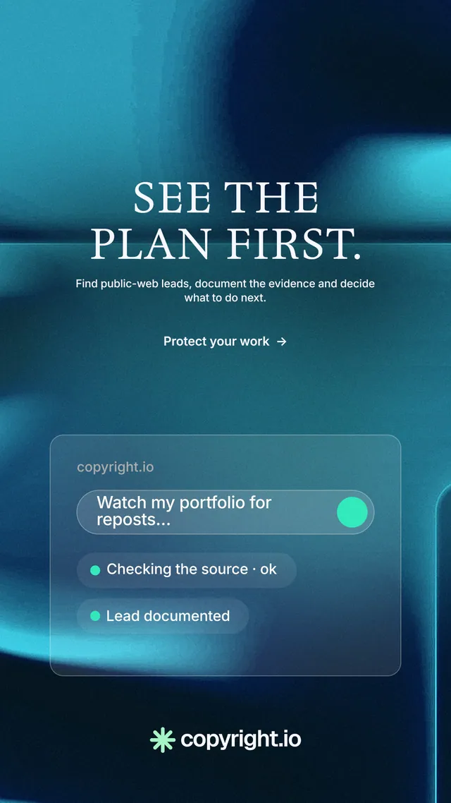 Instagram story for copyright.io: "See the plan first." Minimal luxury style, centred layout, dark palette in black, blue, teal.