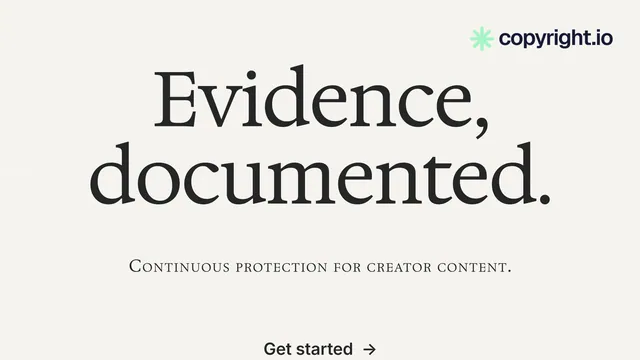 Landscape graphic for copyright.io: "Evidence, documented." Editorial style, smallcaps layout, light palette in white, grey.