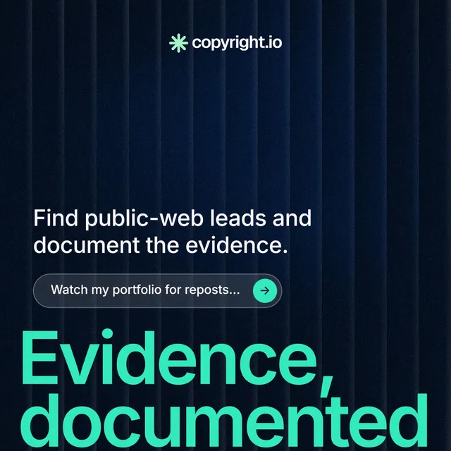 Instagram post for copyright.io: "Your content is being stolen." Agentic glass style, oversized layout, dark palette in black, teal, blue.