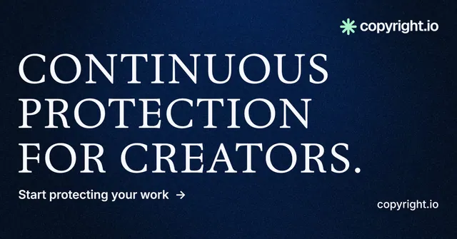 Social ad for copyright.io: "Continuous protection for creators." Minimal luxury style, poster layout, dark palette in blue, black.