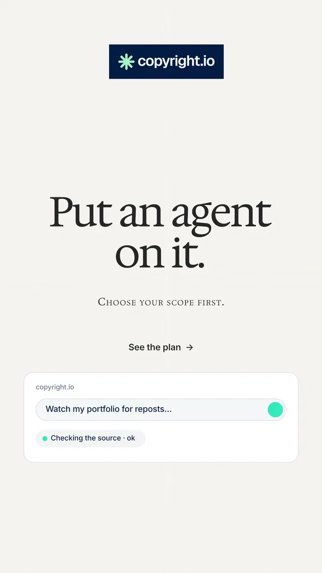Instagram story for copyright.io: "Put an agent on it." Swiss style, smallcaps layout, light palette in white, grey.