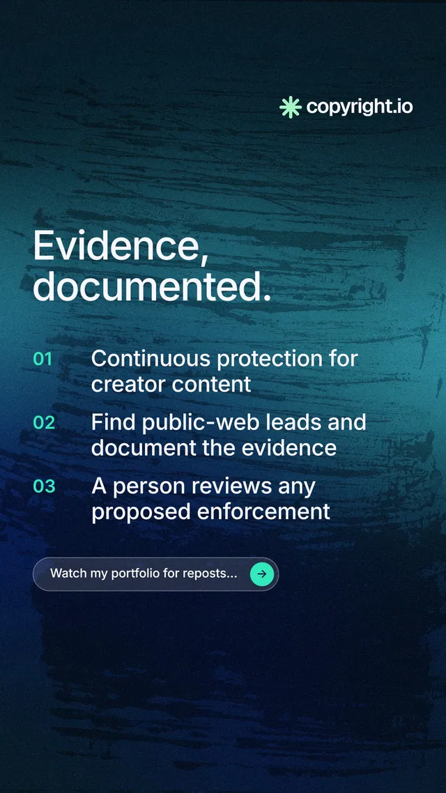 Instagram story for copyright.io: "Evidence, documented." Agentic glass style, numbered layout, dark palette in blue, black.