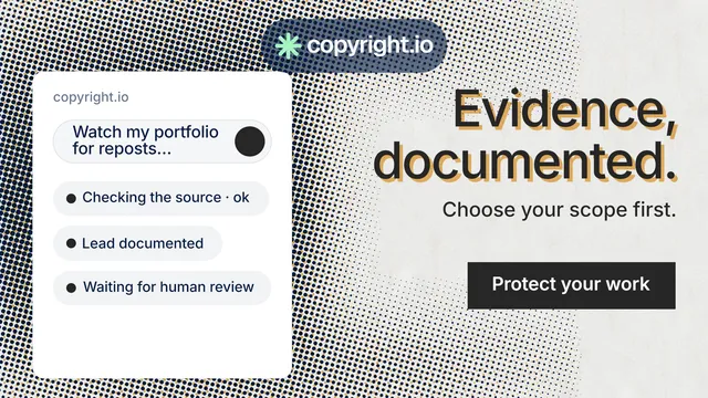 Landscape graphic for copyright.io: "Evidence, documented." Retro print style, right layout, light palette in white, grey.