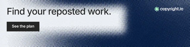 LinkedIn banner for copyright.io: "Find your reposted work." Swiss style, skeleton layout, light palette in blue, grey.