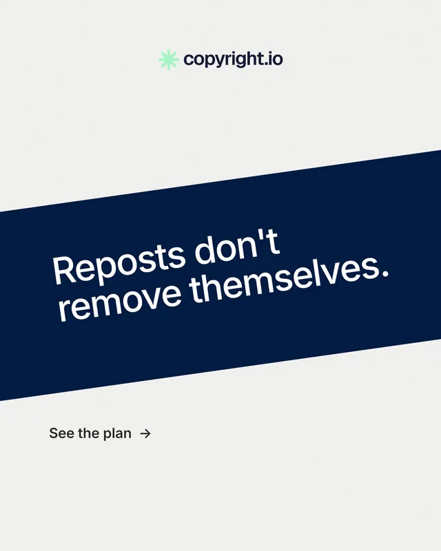 Instagram portrait post for copyright.io: "Reposts don't remove themselves." Minimal luxury style, diagonal layout, light palette in white, blue.