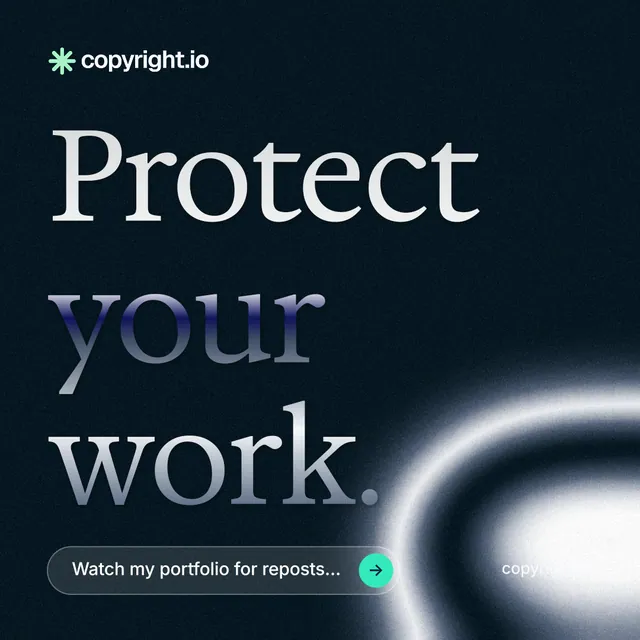 Instagram post for copyright.io: "Protect your work." Agentic glass style, poster layout, dark palette in black, blue, grey.