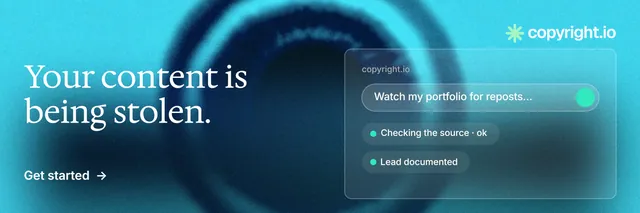 X header for copyright.io: "Your content is being stolen." Minimal luxury style, bottom layout, dark palette in blue, teal.
