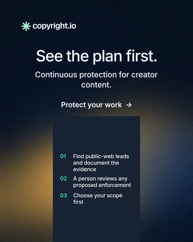 Instagram portrait post for copyright.io: "See the plan first." Minimal luxury style, skeleton layout, dark palette in blue, grey, black.