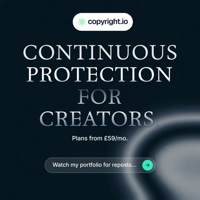 Instagram post for copyright.io: "Continuous protection for creators." Agentic glass style, centred layout, dark palette in black, grey, blue.