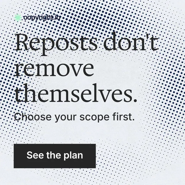 Instagram post for copyright.io: "Reposts don't remove themselves." Split block style, skeleton layout, light palette in white, grey.