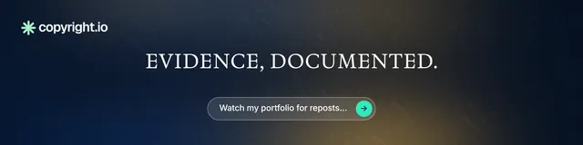 LinkedIn banner for copyright.io: "Evidence, documented." Agentic glass style, centred layout, dark palette in blue, black, grey.