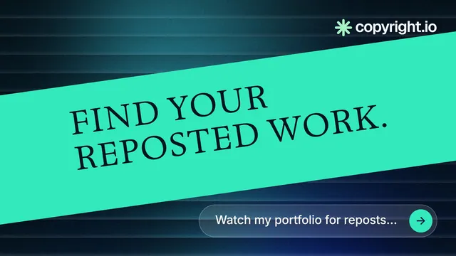 Landscape graphic for copyright.io: "Find your reposted work." Agentic glass style, diagonal layout, light palette in teal, black, blue.