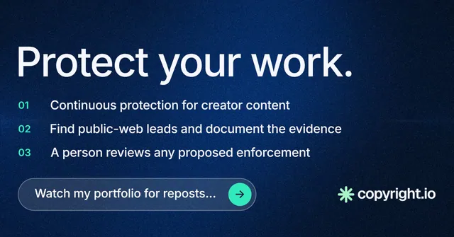 Social ad for copyright.io: "Protect your work." Agentic glass style, numbered layout, dark palette in blue, black.