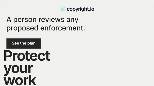 Landscape graphic for copyright.io: "Continuous protection for creators." Swiss style, oversized layout, light palette in white, grey.