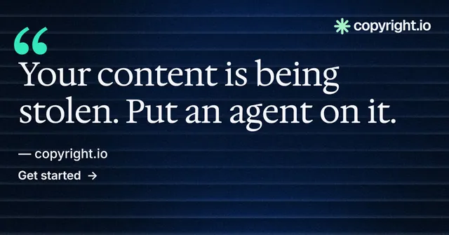Social ad for copyright.io: "Continuous protection for creators." Minimal luxury style, quote layout, dark palette in blue, black.