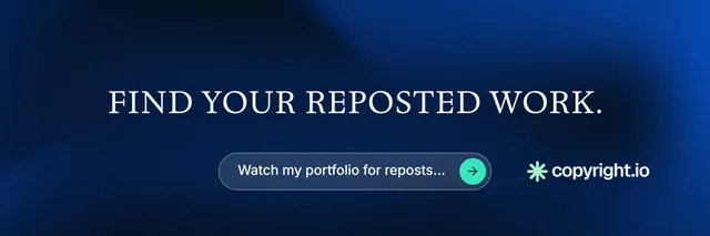 X header for copyright.io: "Find your reposted work." Agentic glass style, centred layout, dark palette in blue, black.