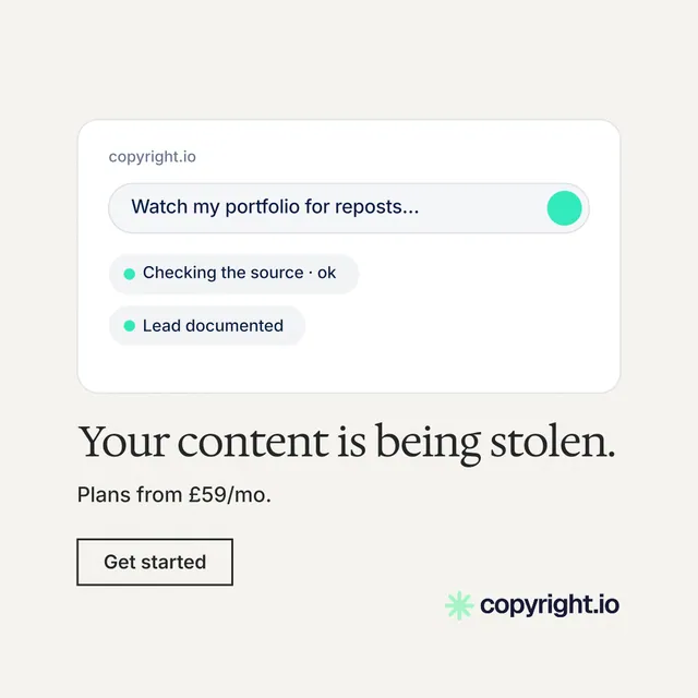 Instagram post for copyright.io: "Your content is being stolen." Editorial style, bottom layout, light palette in white.
