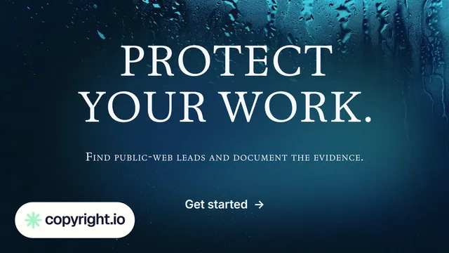 Landscape graphic for copyright.io: "Protect your work." Agentic glass style, smallcaps layout, dark palette in blue, black.