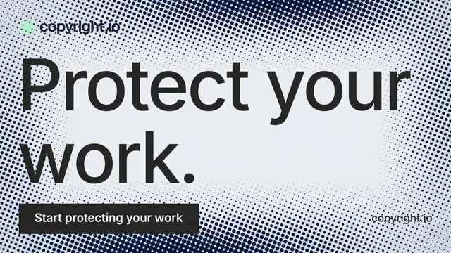 Landscape graphic for copyright.io: "Protect your work." Split block style, poster layout, light palette in grey, white, blue.
