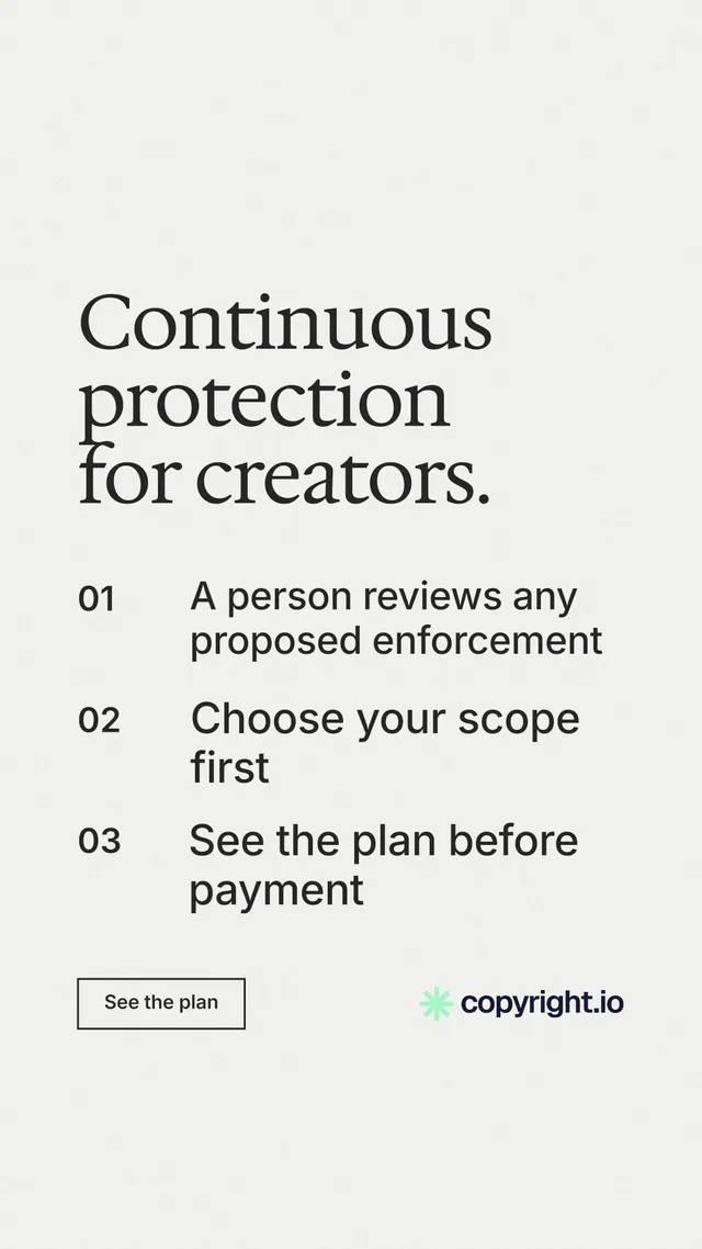 Instagram story for copyright.io: "Continuous protection for creators." Editorial style, numbered layout, light palette in white.