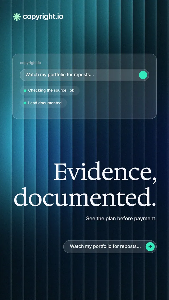 Instagram story for copyright.io: "Evidence, documented." Agentic glass style, right layout, dark palette in blue, teal, black.