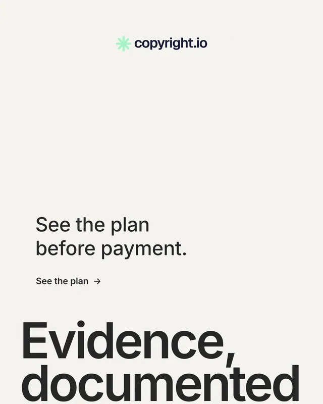 Instagram portrait post for copyright.io: "Evidence, documented." Minimal luxury style, oversized layout, light palette in white, grey.