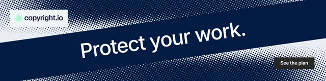LinkedIn banner for copyright.io: "Protect your work." Retro print style, diagonal layout, dark palette in blue, grey.