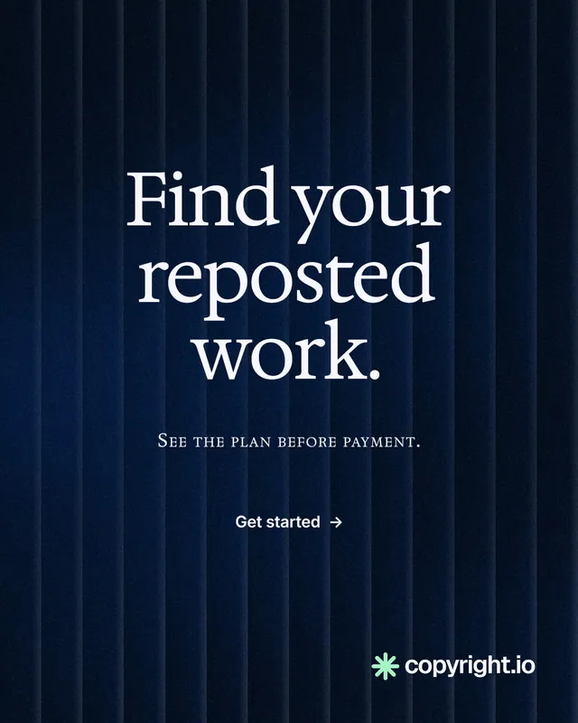 Instagram portrait post for copyright.io: "Find your reposted work." Agentic glass style, smallcaps layout, dark palette in black, blue.