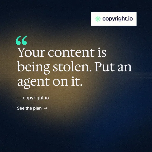 Instagram post for copyright.io: "Your content is being stolen." Minimal luxury style, quote layout, dark palette in black, grey, blue.
