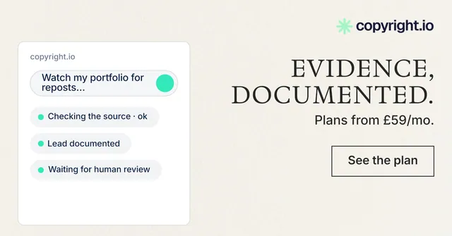Social ad for copyright.io: "Evidence, documented." Editorial style, right layout, light palette in white, grey.