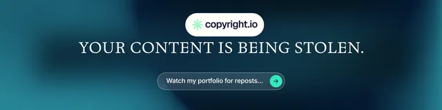 LinkedIn banner for copyright.io: "Your content is being stolen." Agentic glass style, centred layout, dark palette in blue, black, teal.