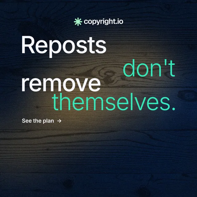 Instagram post for copyright.io: "Reposts don't remove themselves." Minimal luxury style, stacked layout, dark palette in black, grey.