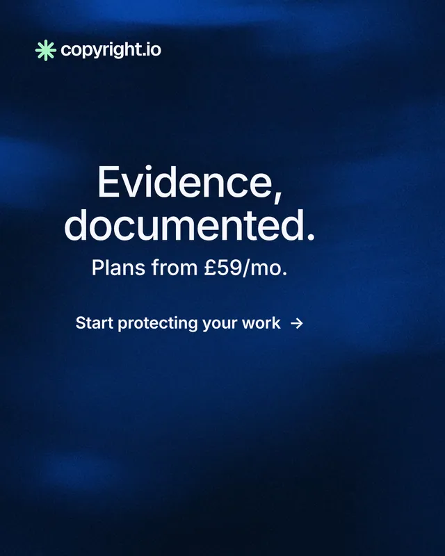 Instagram portrait post for copyright.io: "Evidence, documented." Minimal luxury style, skeleton layout, dark palette in blue, black.