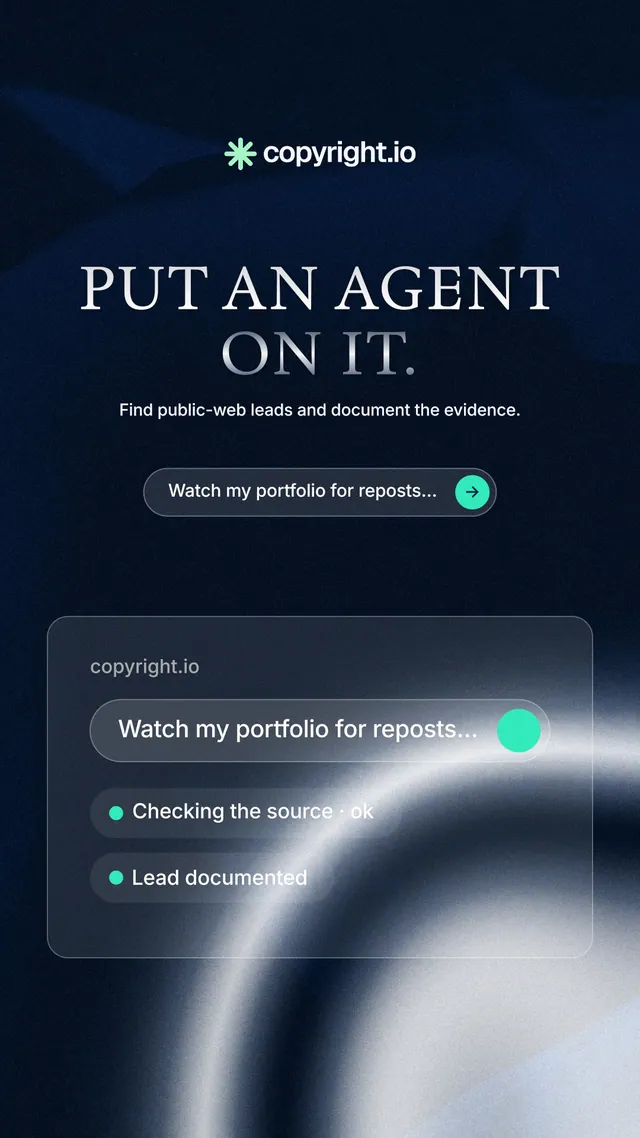Instagram story for copyright.io: "Put an agent on it." Agentic glass style, centred layout, dark palette in black, blue, grey.
