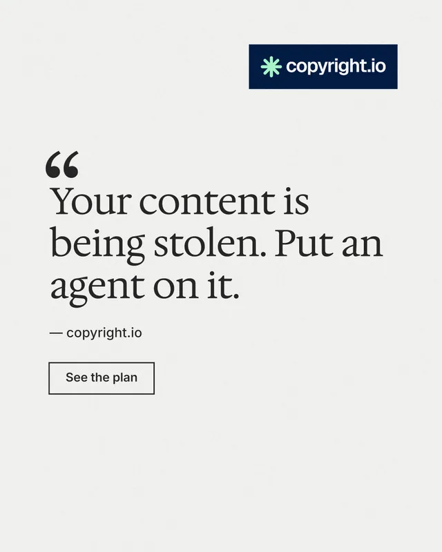 Instagram portrait post for copyright.io: "Continuous protection for creators." Editorial style, quote layout, light palette in white, grey.