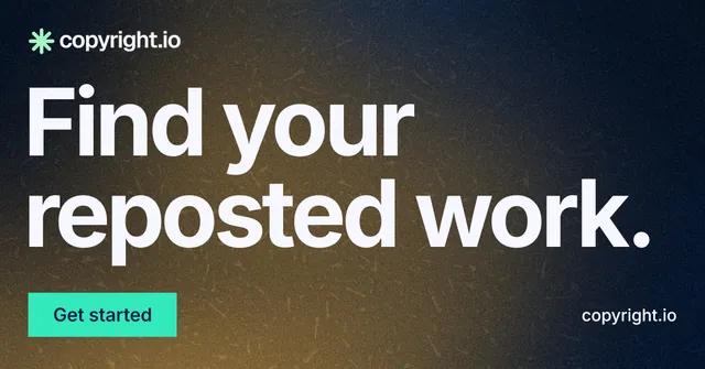 Social ad for copyright.io: "Find your reposted work." Swiss style, poster layout, dark palette in orange, black, teal.