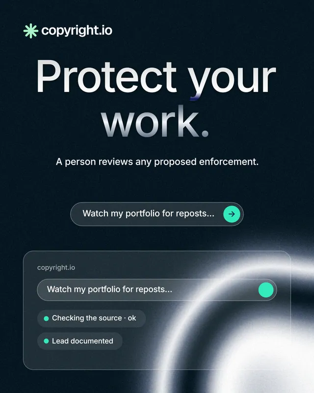 Instagram portrait post for copyright.io: "Protect your work." Agentic glass style, centred layout, dark palette in black, blue, grey.