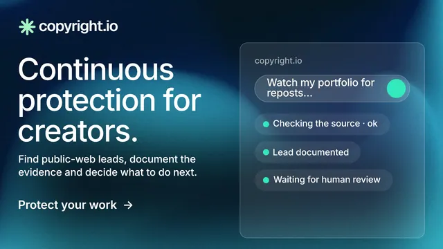 Landscape graphic for copyright.io: "Continuous protection for creators." Minimal luxury style, bottom layout, dark palette in black, blue.