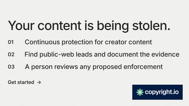 Landscape graphic for copyright.io: "Your content is being stolen." Minimal luxury style, numbered layout, light palette in white, grey.